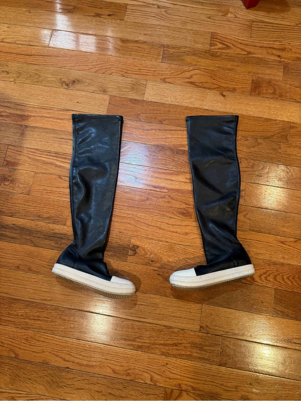 Rick Owens Thigh High Stretch Leather Sneaker Boots Black White EU 39 Italy